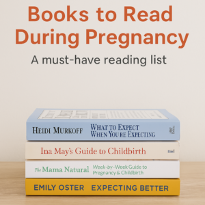 A neatly stacked pile of pregnancy-related books on a wooden surface, with titles including "What to Expect When You're Expecting" and "Expecting Better," emphasizing must-read books for expecting moms.